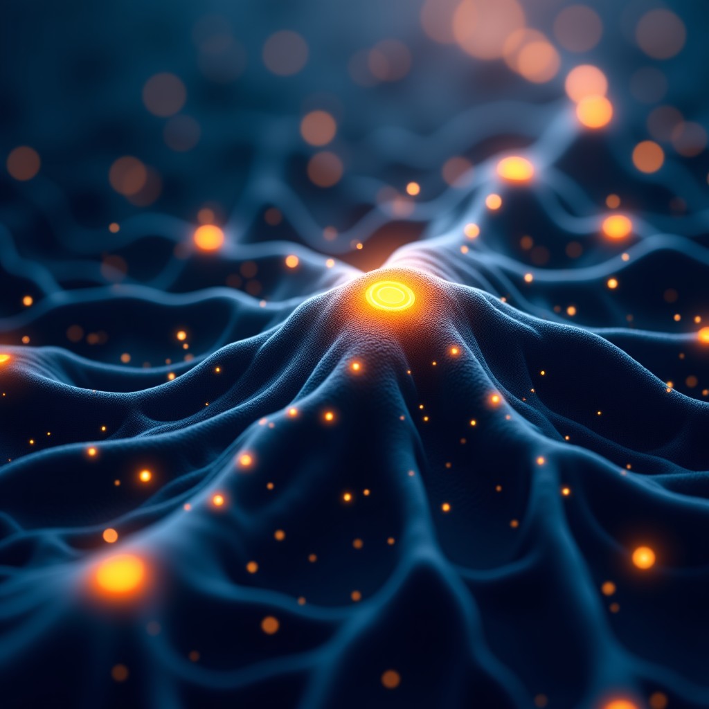 An abstract illustration representing the intersection of digital technology and biology, glowing network nodes, neural pathways, dark blue and gold tones, 4:3 aspect ratio