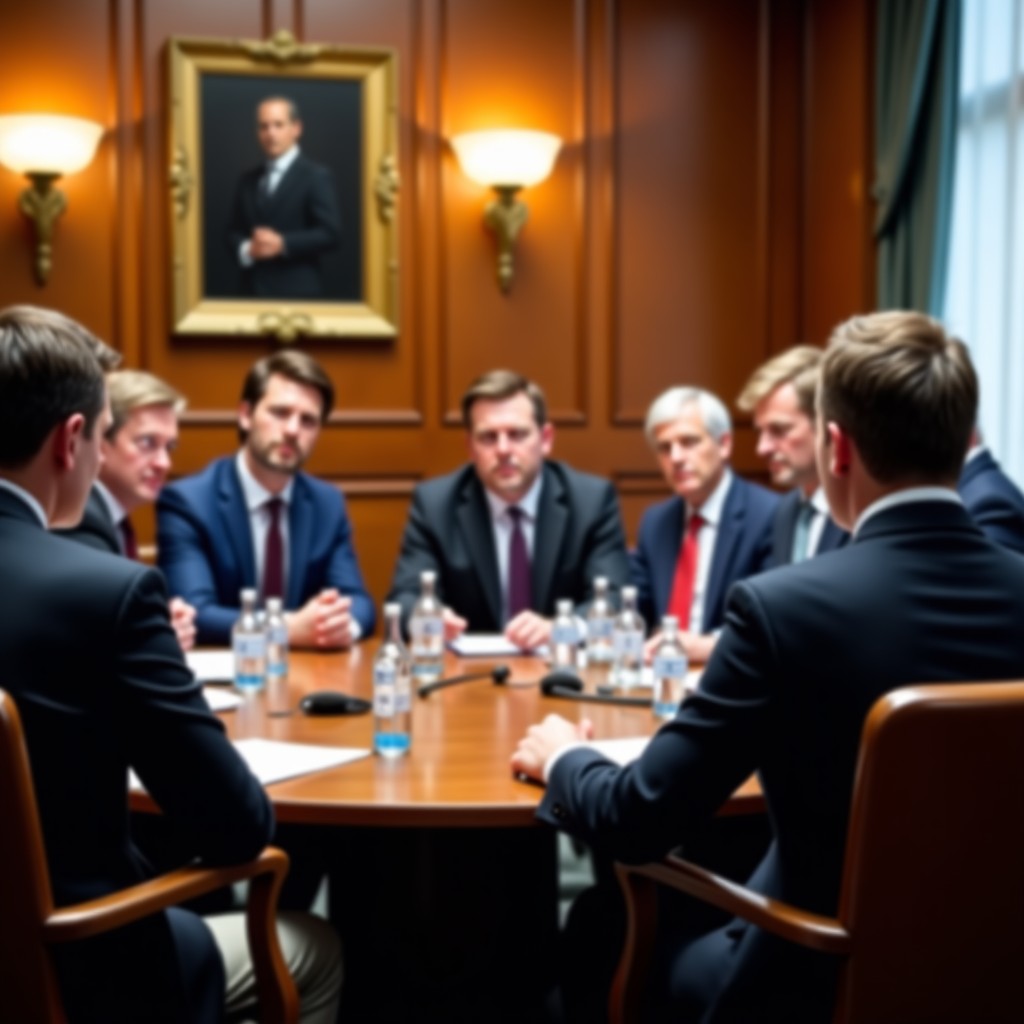 Intense political debate inside a British committee room, shallow depth of field, professional photography, natural lighting, 4:3