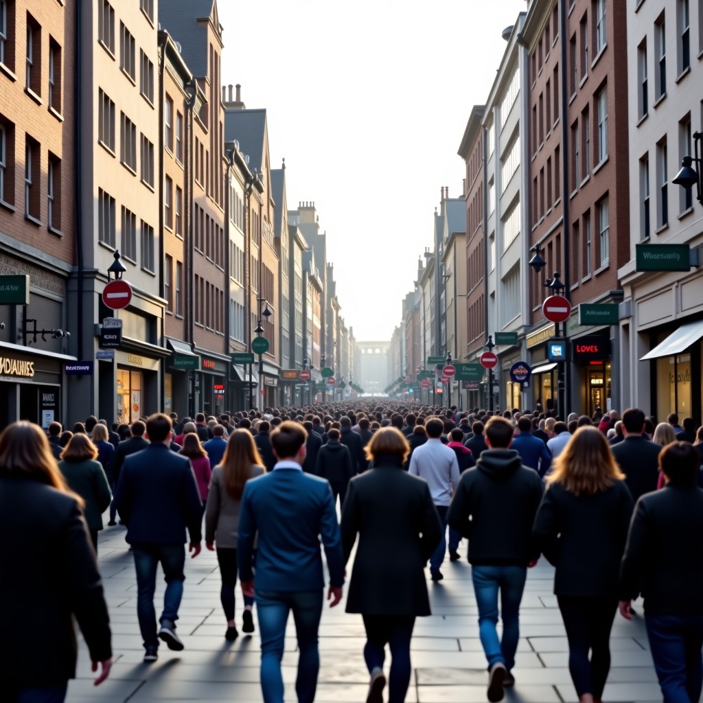 Crowded streets in London, diverse people walking, urban landscape, modern architecture, sharp focus, 4:3