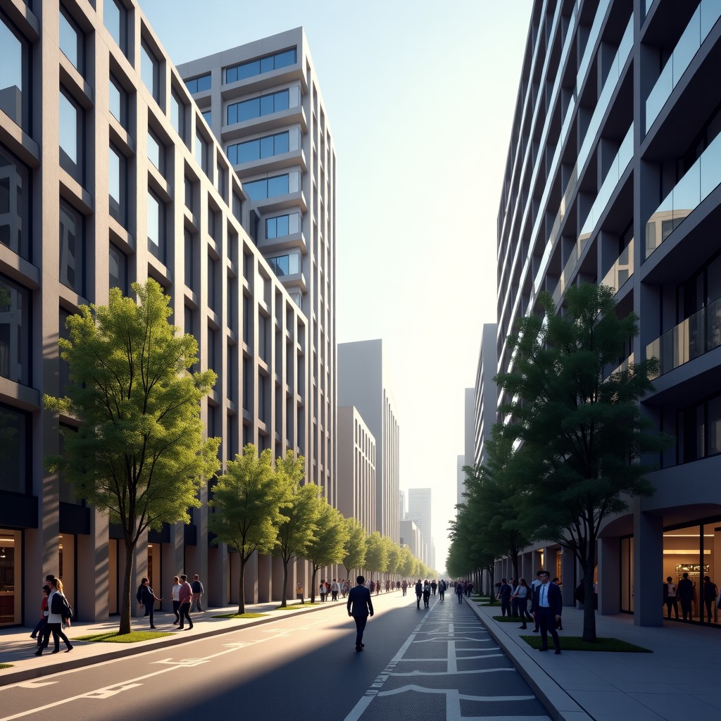 Modern city center of London, bustling atmosphere, soft sunlight, highly detailed, realistic architecture photography, 4:3