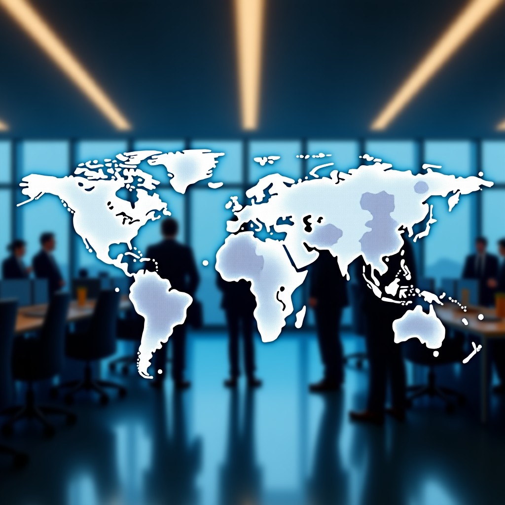 An abstract visual representation of global market fluctuations in a sophisticated office setting, sharp focus, 4:3