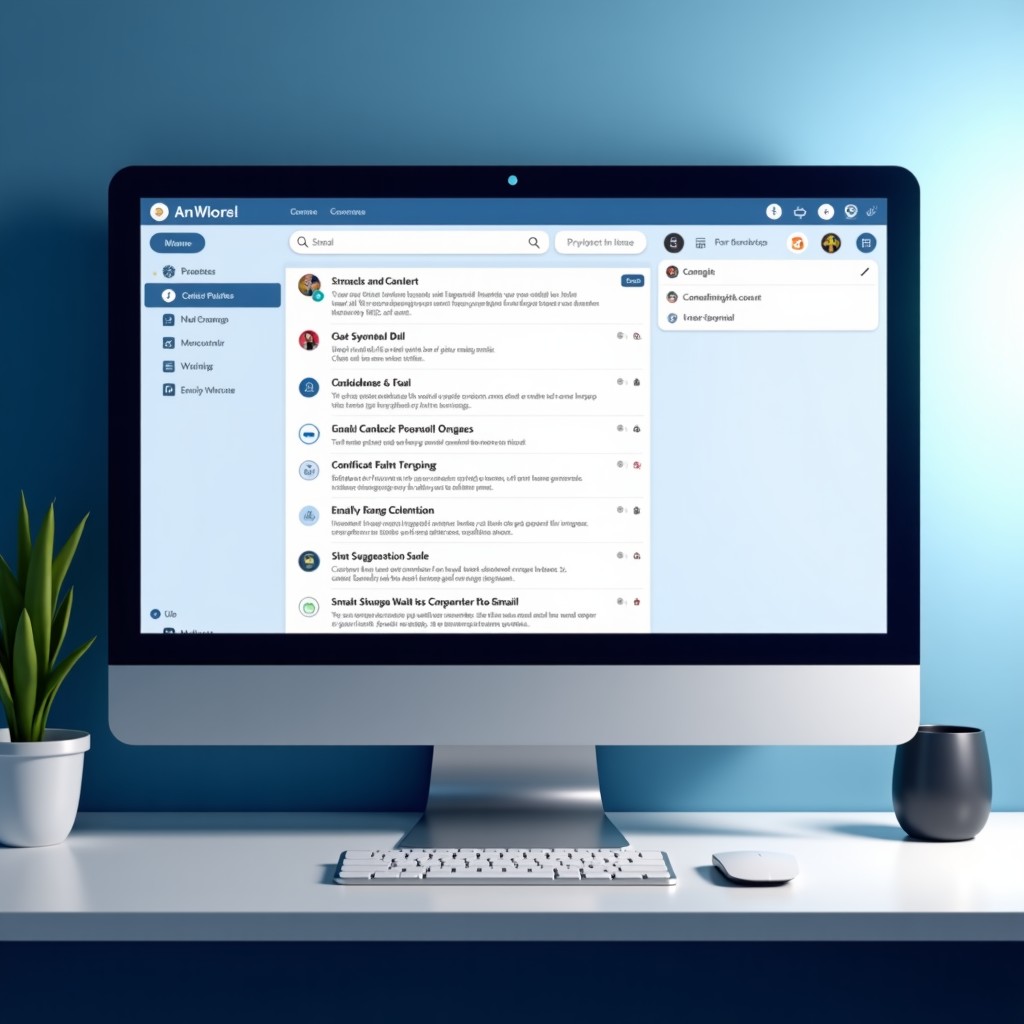 A professional workspace screen showing a smart email inbox interface with AI suggestions, soft blue tones, clean design, 4:3