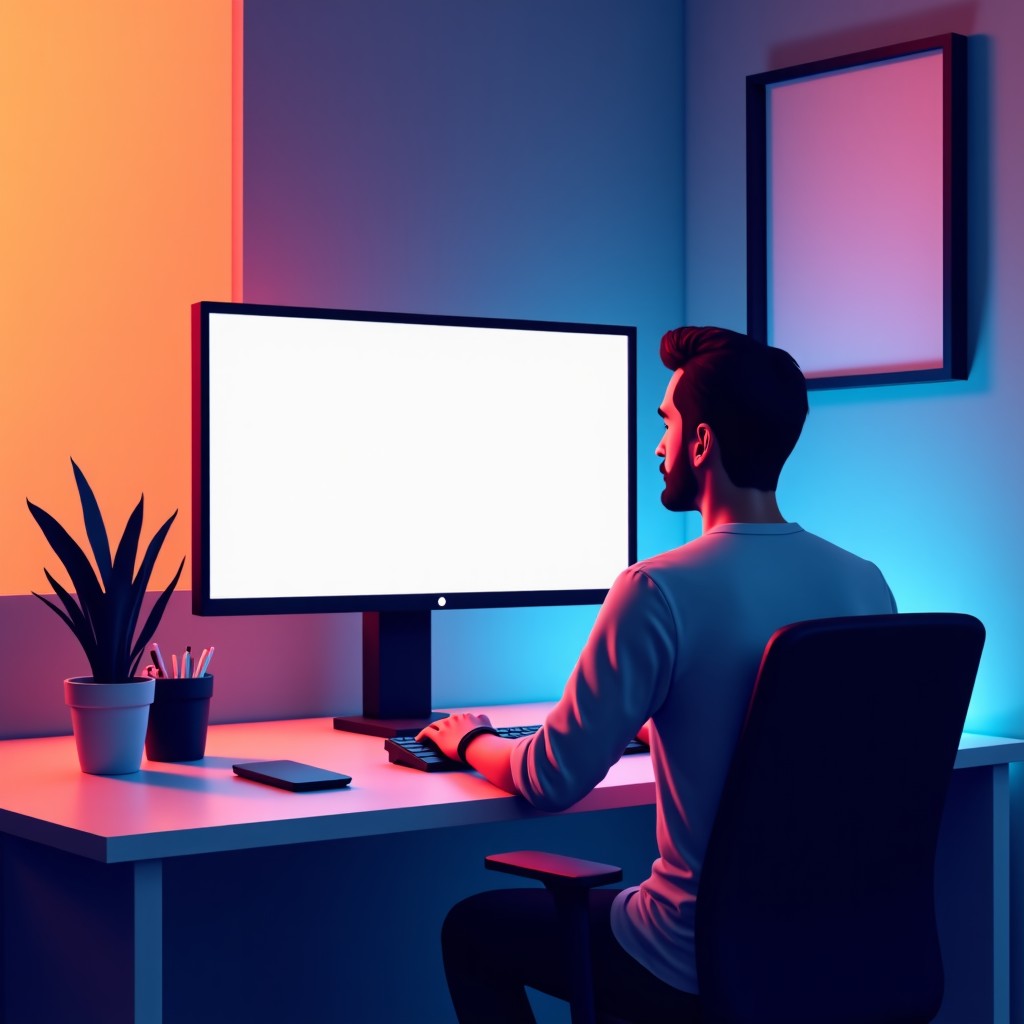 A designer working on a creative presentation on a large monitor, vibrant colors, minimalist professional interior, 4:3