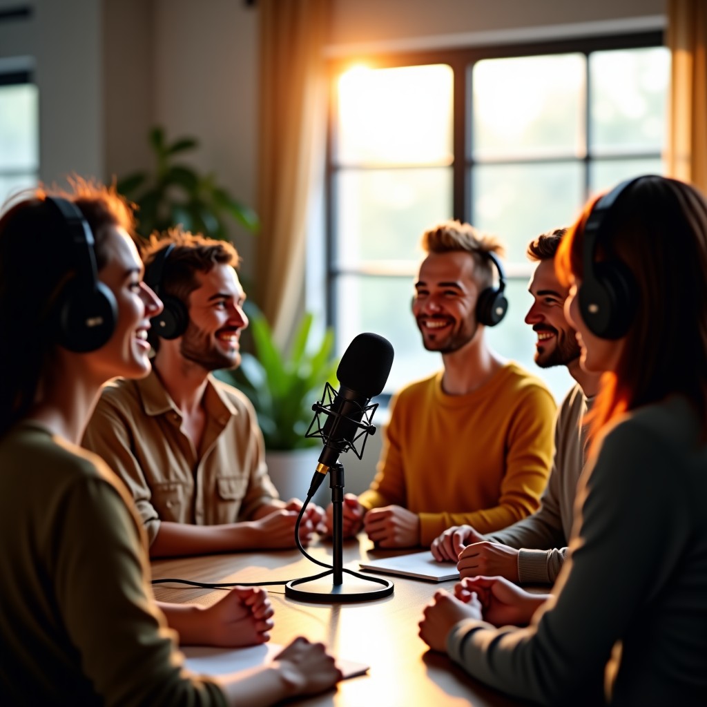 A diverse group of people recording a podcast, natural and friendly atmosphere, bright studio lighting, professional equipment, warm color palette, 4:3