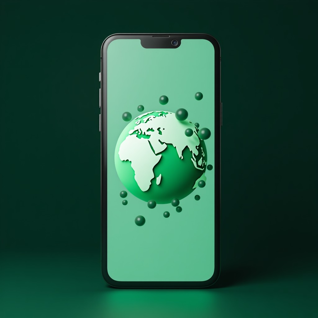 A smartphone screen showing a globe interface with various green dots representing radio stations, clean modern design, high resolution, soft ambient lighting, 4:3 aspect ratio.