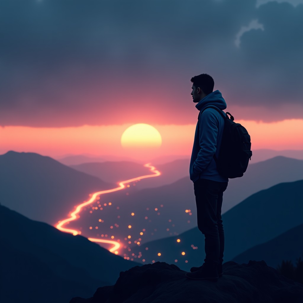 An artist looking at a horizon representing the intersection of technology and art, cinematic lighting, conceptual art style, 1:1 aspect ratio