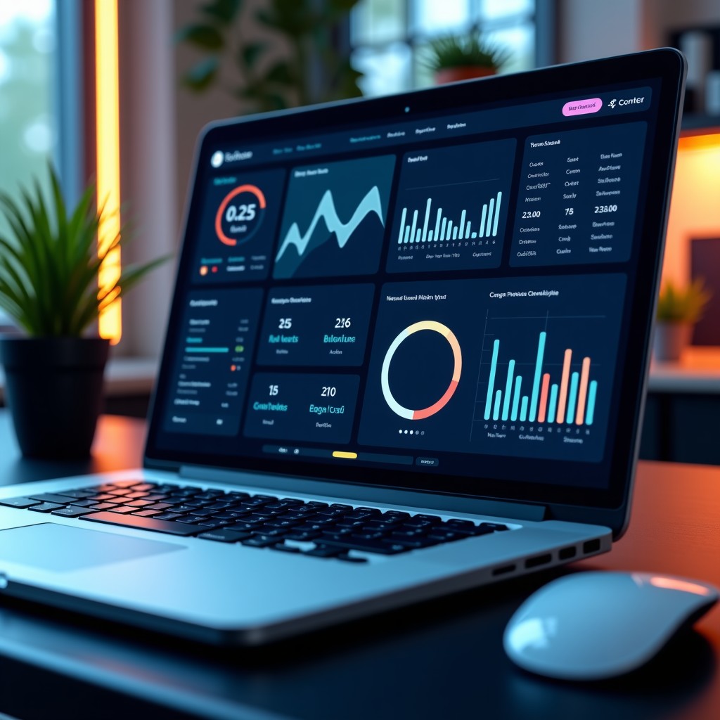A futuristic control dashboard showing creative work being tracked and monitored, sophisticated interface, professional, clean design, 16:9 aspect ratio