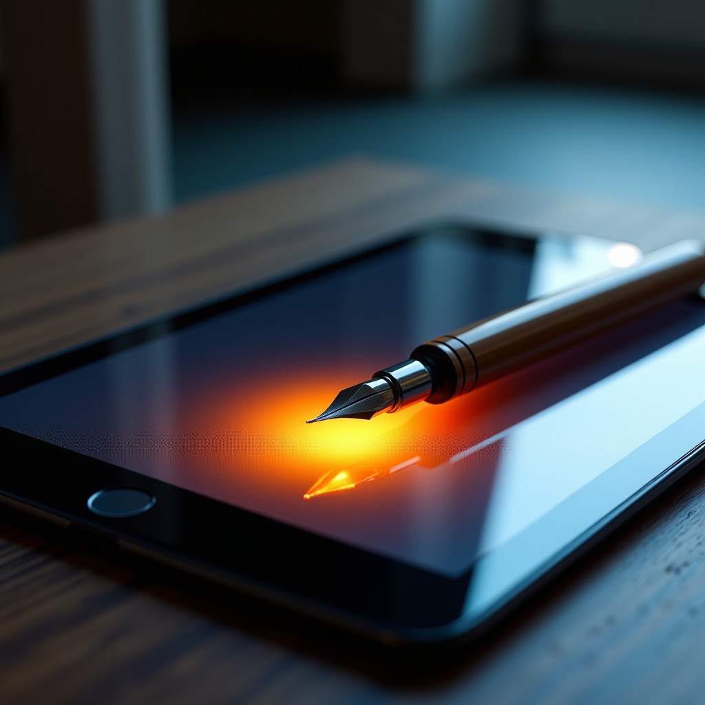 A harmonious scene of a vintage pen next to a high tech digital tablet, light glowing from both, concept of blending tradition with modern AI technology, artistic, vibrant, 16:9 aspect ratio