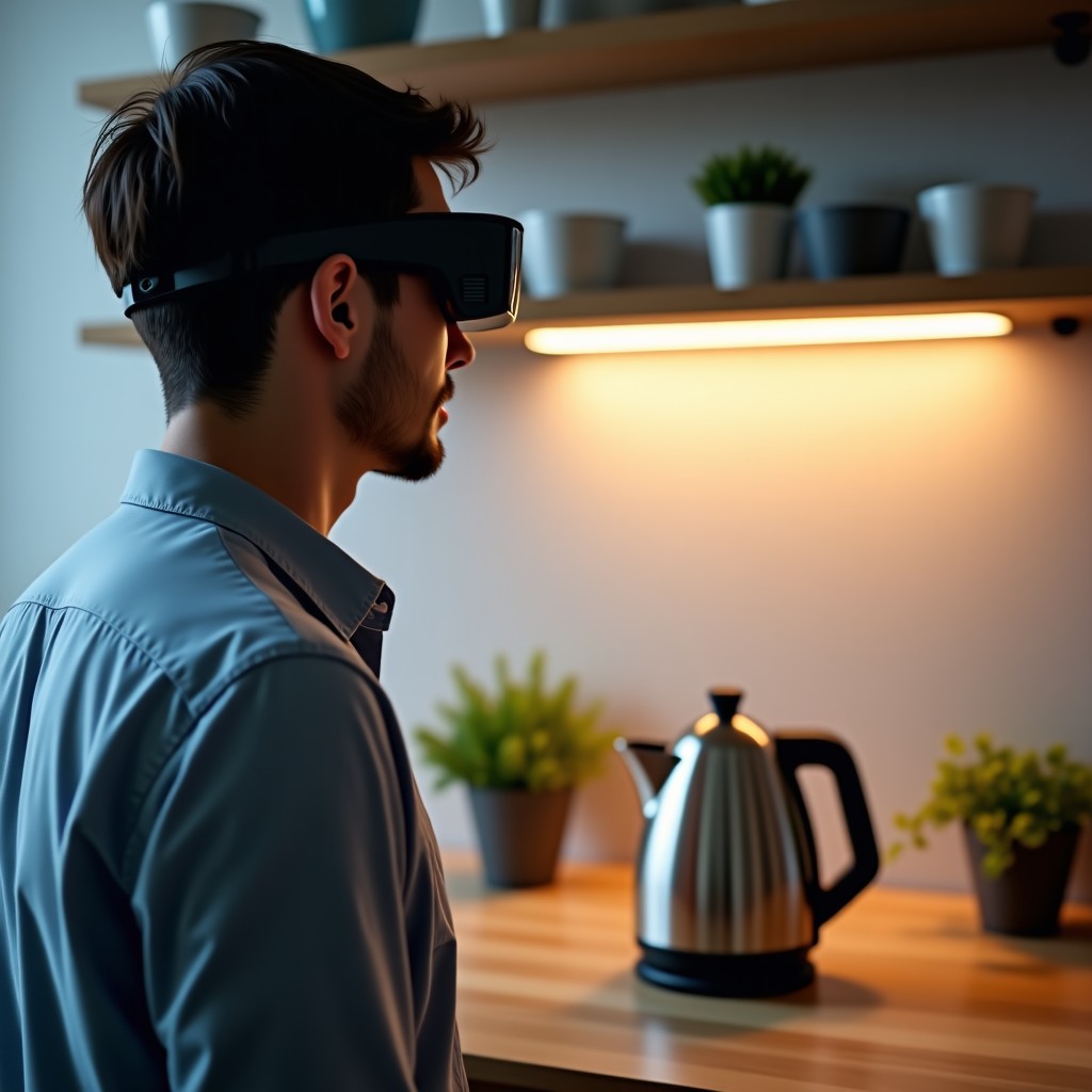 A close-up of a person wearing smart glasses looking at a kitchen kettle, futuristic interface overlay conceptual style, soft ambient home interior, high quality, realistic, 4:3
