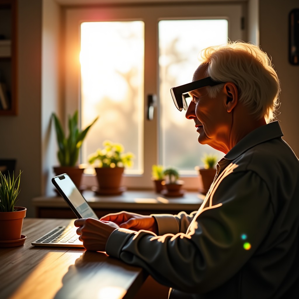 An elderly person using smart glasses to organize household items, warm sunlight entering through a window, comforting atmosphere, realistic photography, 4:3