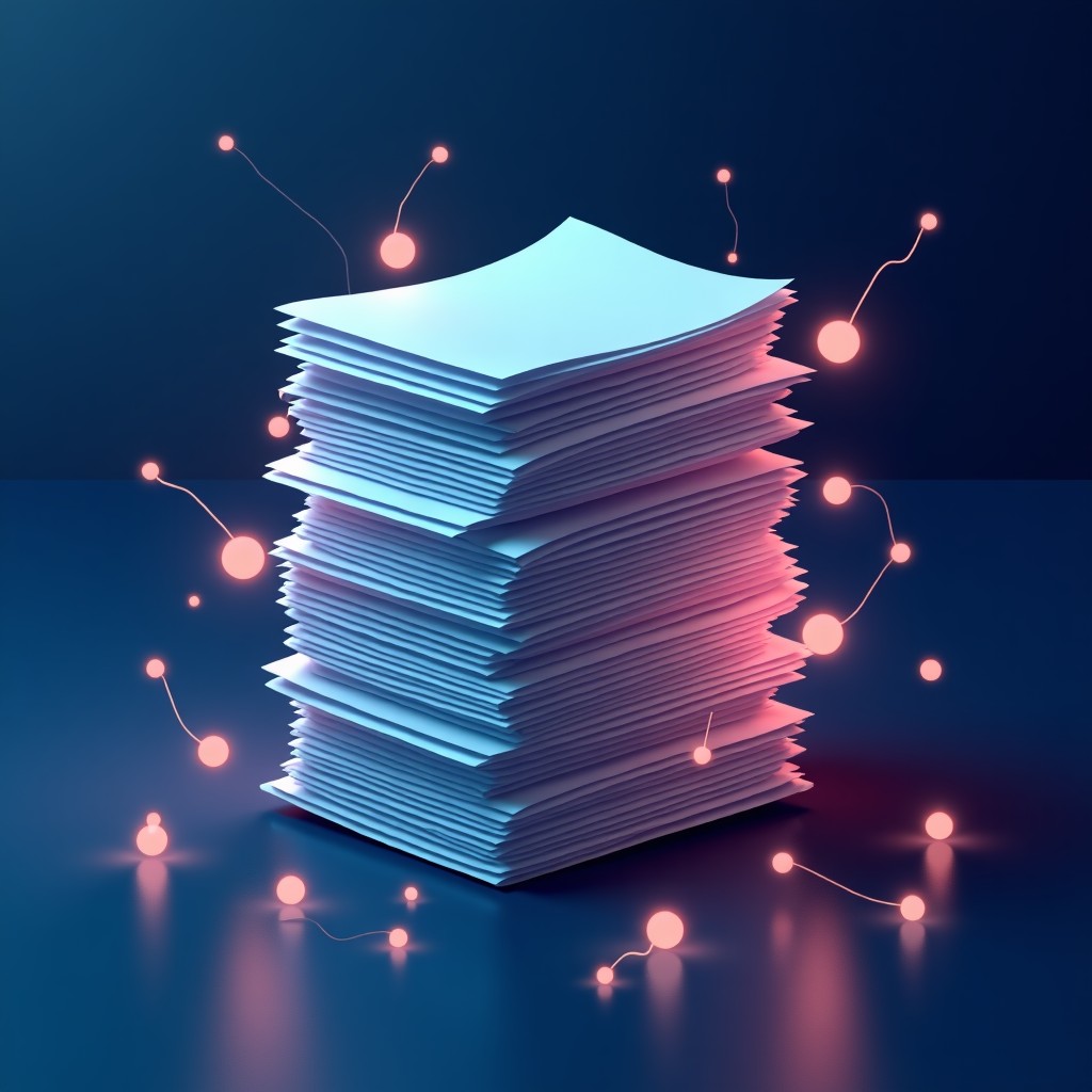 Stack of digital documents and glowing floating data nodes, conceptual image of security audit failure, professional color palette, 4:3 aspect ratio