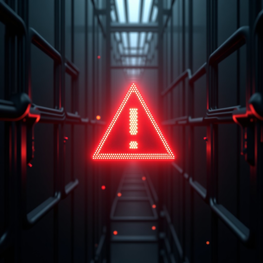 A glowing red warning signal floating in a complex digital web structure, dark atmosphere, conceptual art, cinematic lighting, 4:3 aspect ratio