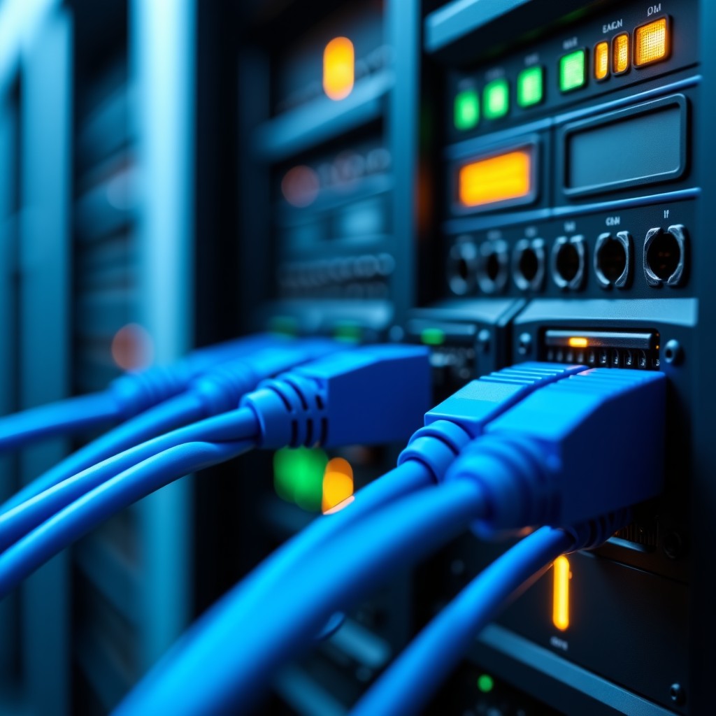 Close-up of high-performance networking hardware and fiber optic connectors in a modern server environment, sharp focus, tech-oriented style, high resolution, aspect ratio 16:9