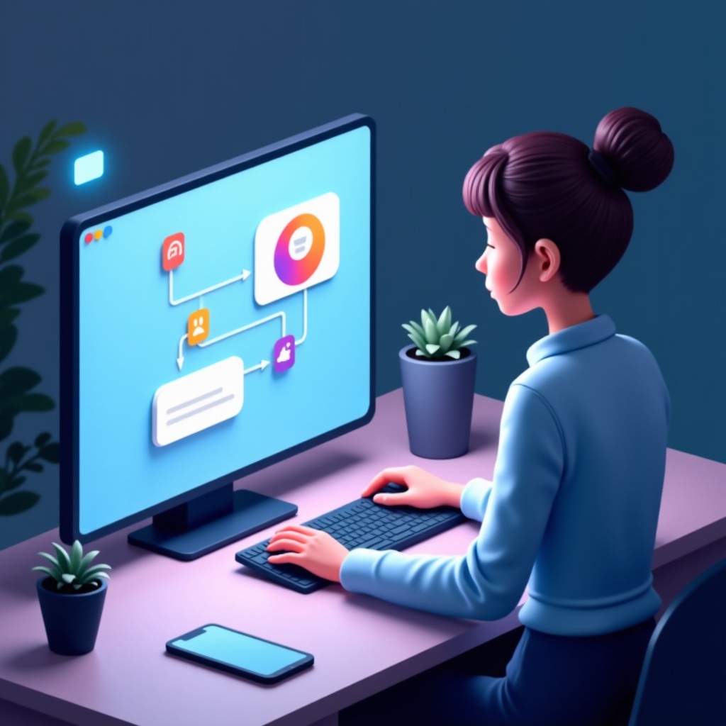 A stylized representation of a personal AI assistant interacting with a digital ecosystem, sleek and minimalistic style, depth of field, 4:3