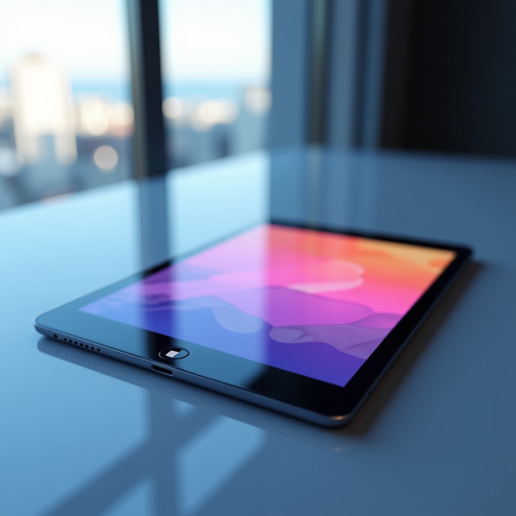 A clean and modern user interface on a tablet showing image generation process, abstract digital art background, soft studio light, 1:1