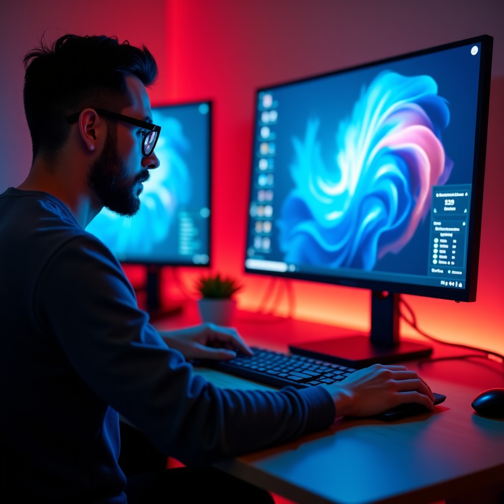 Close up of a creative artist working with digital nodes on a high performance monitor, vibrant colors, realistic photography, 4:3