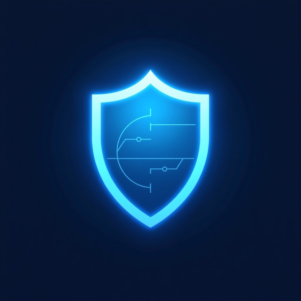 A glowing shield symbol protecting digital infrastructure, clean and modern infographic style, soft glowing lines, tech blue color palette, 4:3