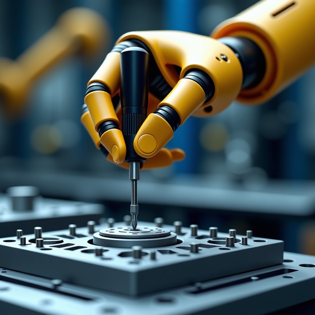 A close-up of a robotic hand performing precise assembly task with a screwdriver, realistic industrial setting, metallic textures, high quality, 4:3