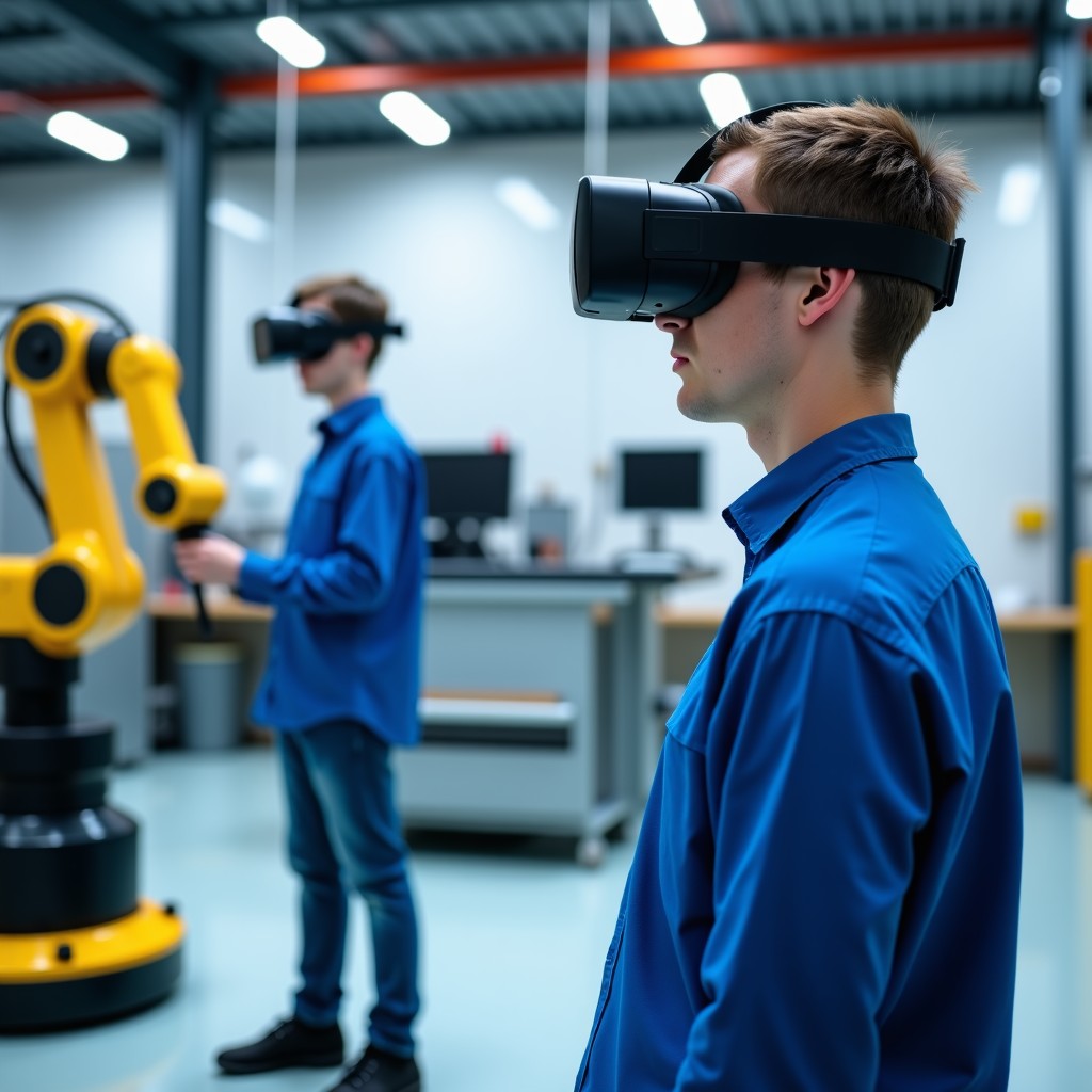 Young technicians wearing VR headsets operating industrial robots in a modern training facility, clean and spacious, professional atmosphere, 4:3