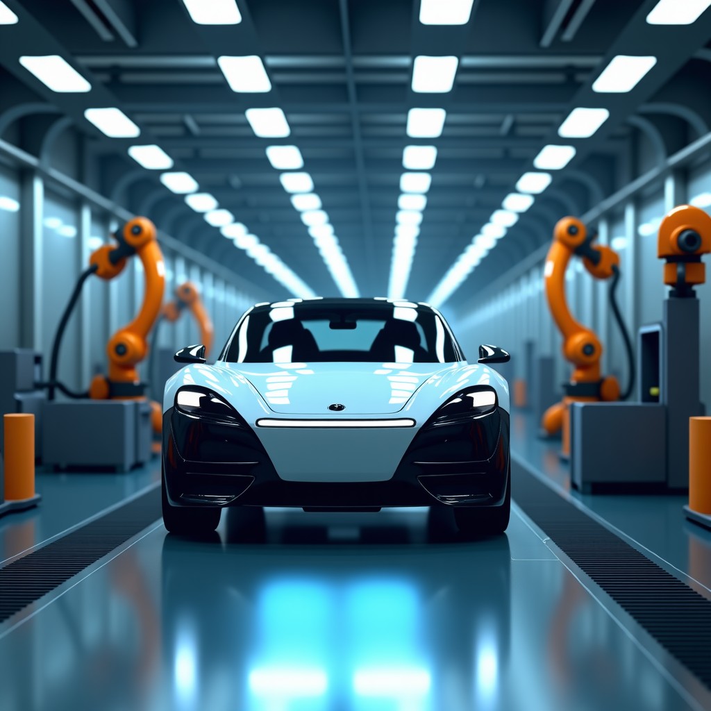 Modern electric vehicle assembly line with high-end robotic arms, futuristic design, bright lighting, industrial engineering, 4:3
