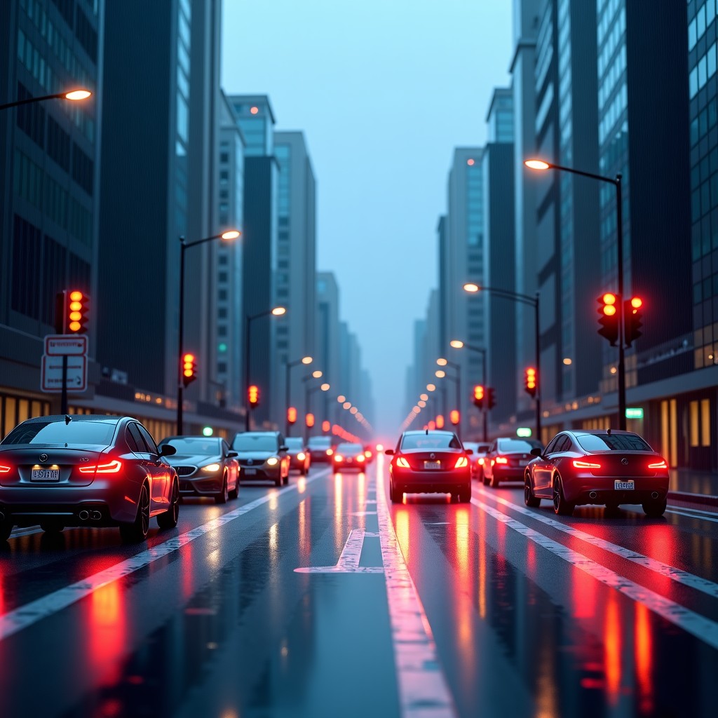 Futuristic city street with smart traffic lights and automated vehicles moving in harmony, rainy evening reflection, high resolution, 4:3