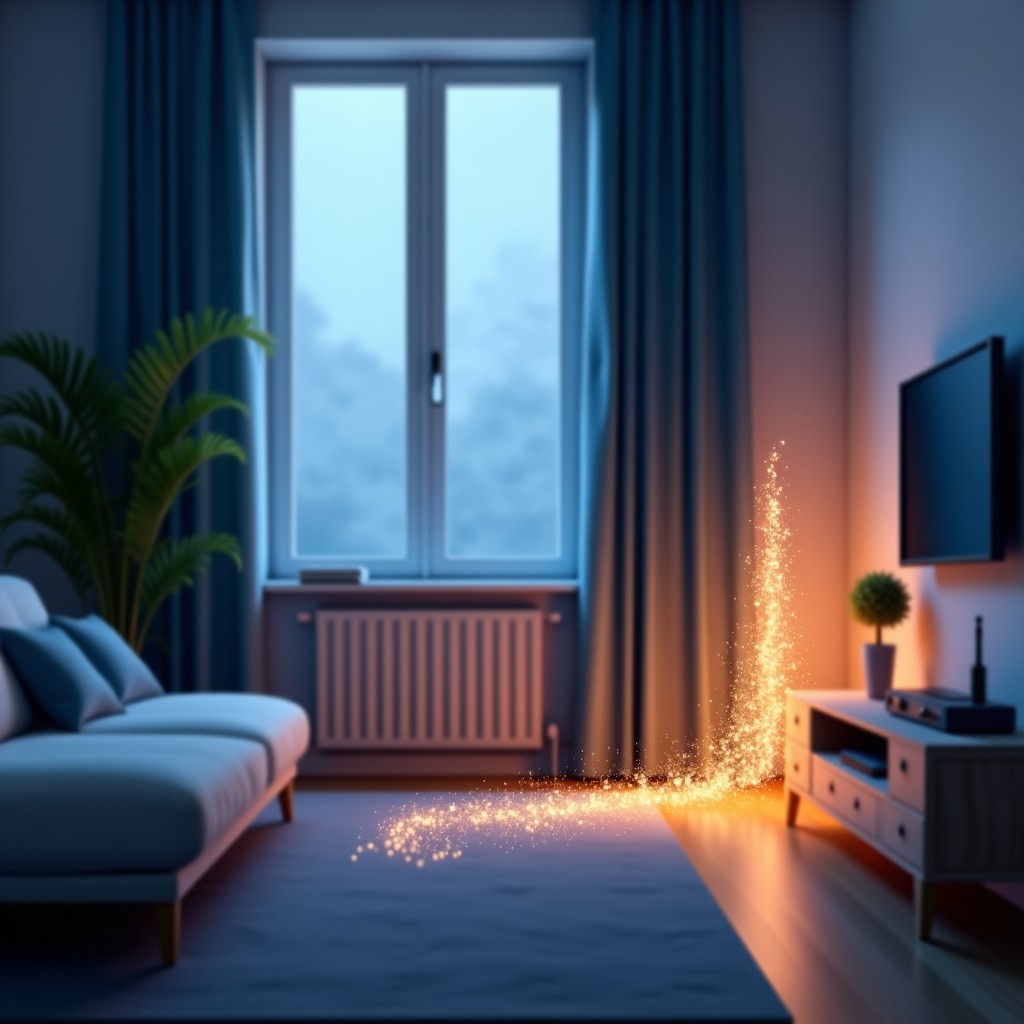 Abstract representation of AI data flow in a home environment, glowing light particles, clean minimalist style, 4:3