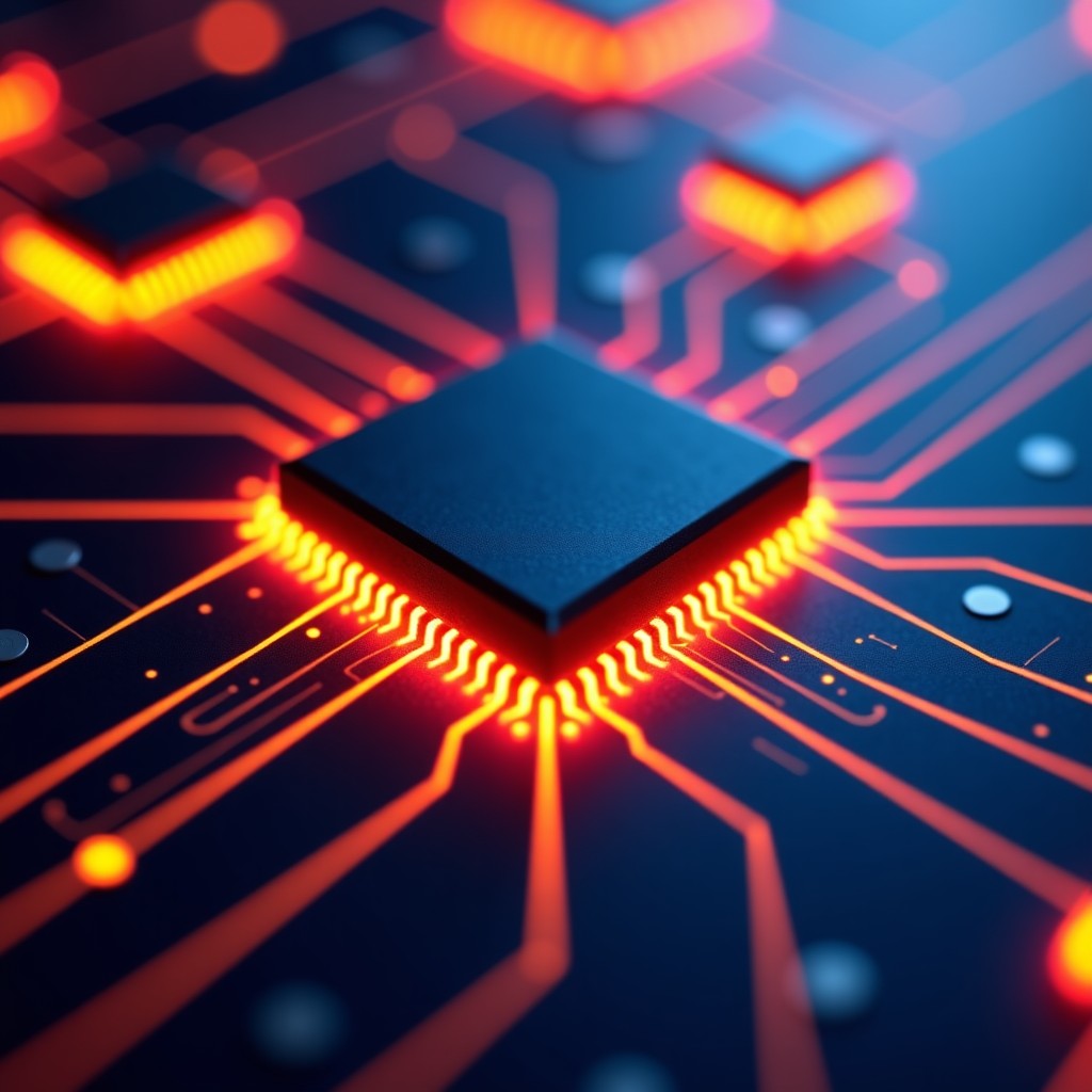 Close up of a high tech microchip with glowing circuit lines, symbolic representation of data compression and speed, 4:3