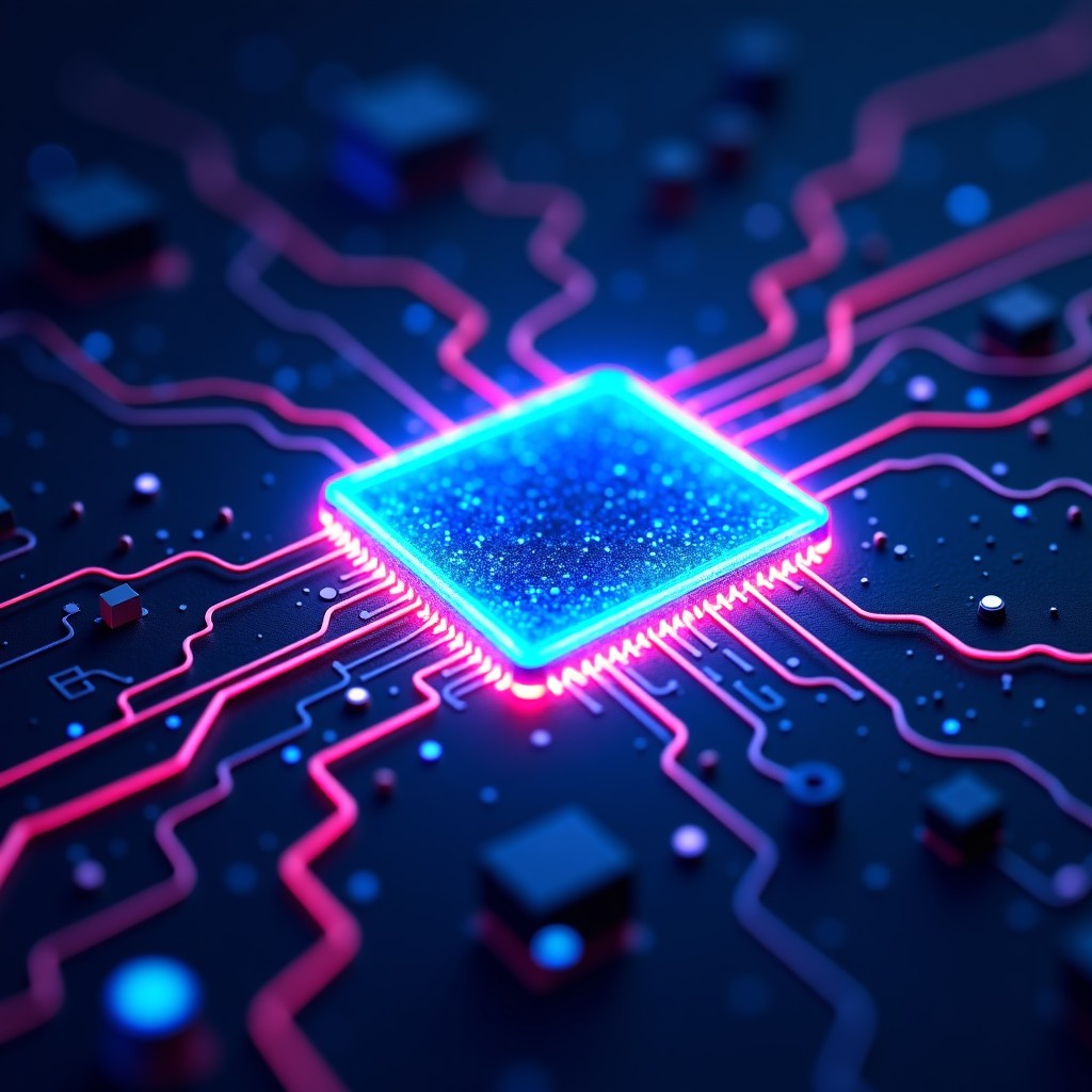 Abstract representation of a crumbling digital memory chip with glowing neural pathways, futuristic technology concept, neon blue and deep purple background, 1:1