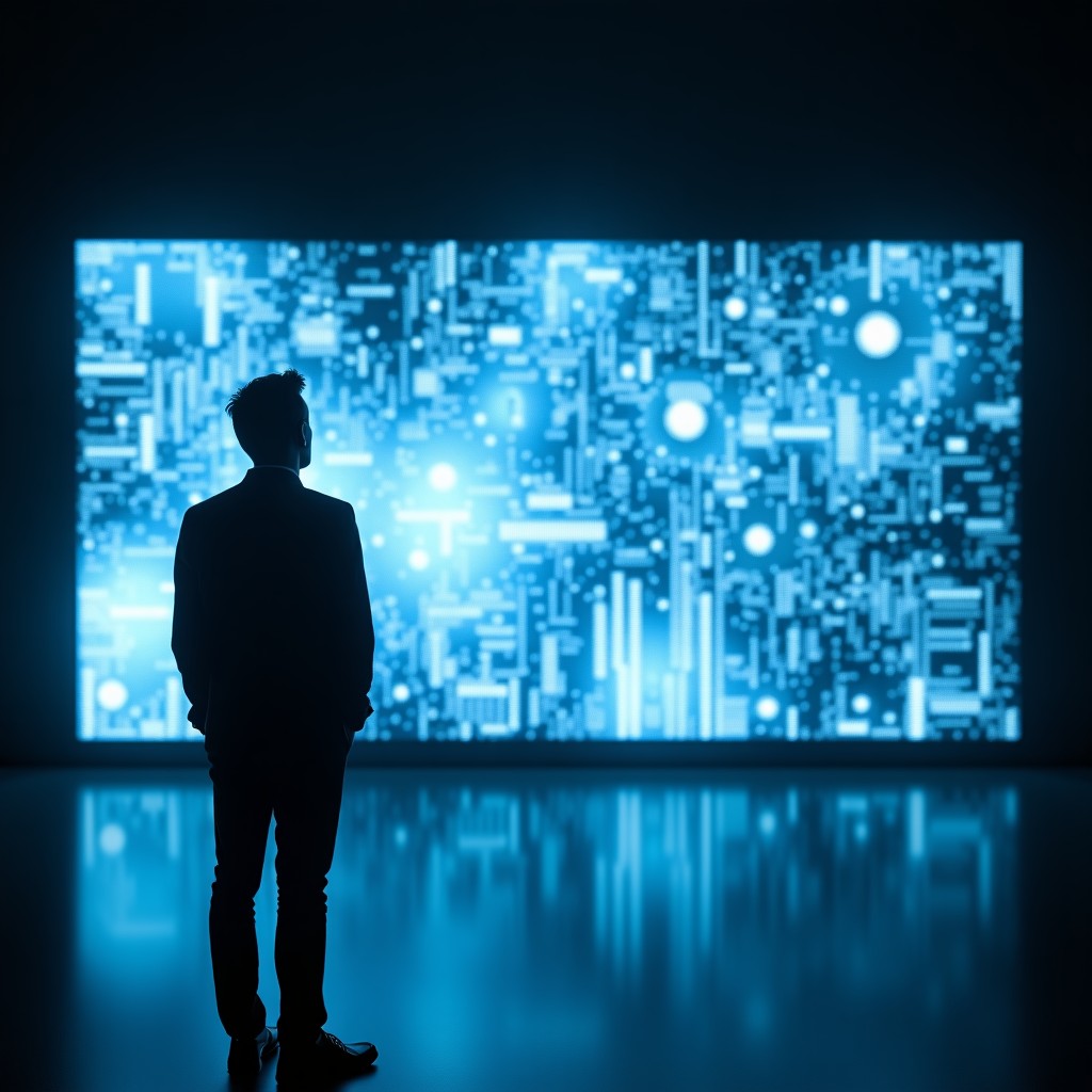 A silhouette of a person looking at a giant holographic screen displaying data points, high contrast, analytical mood, 16:9