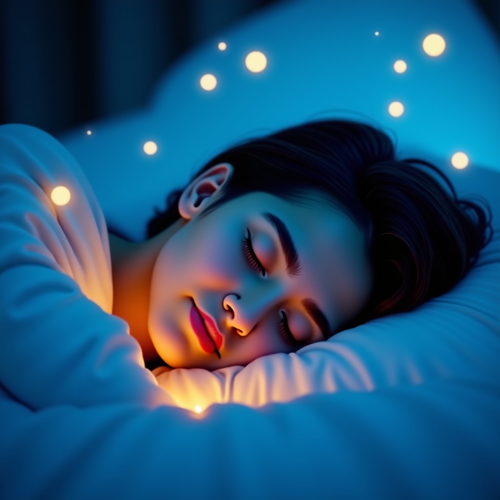 An aesthetic close-up of a person sleeping peacefully with glowing sleep analysis graphics floating gently in the background 4:3