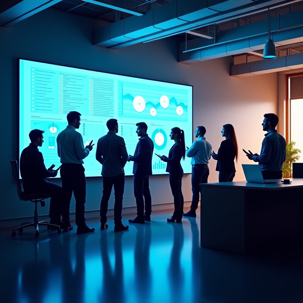 Diverse team of professionals working on complex data structures, professional office interior, modern aesthetic, 4:3