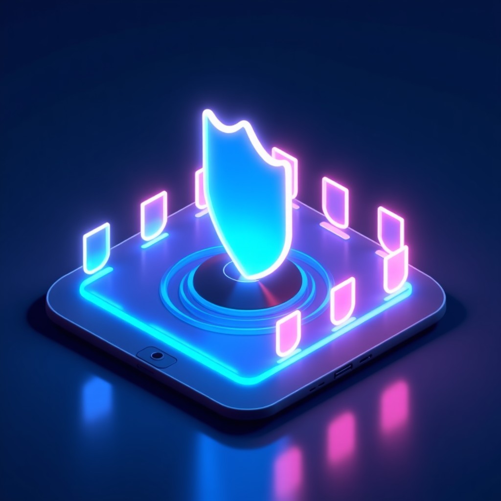 Conceptual digital art showing security shields around creative digital files and art assets, safe and private data environment, blue and purple lighting, 4:3 aspect ratio