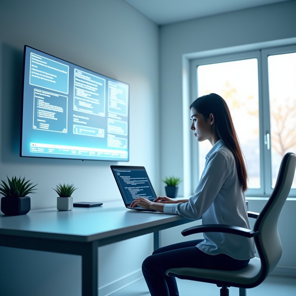 A futuristic digital studio where a creative professional works with holographic AI tools, elegant and minimalist interior, soft natural light, 16:9 aspect ratio