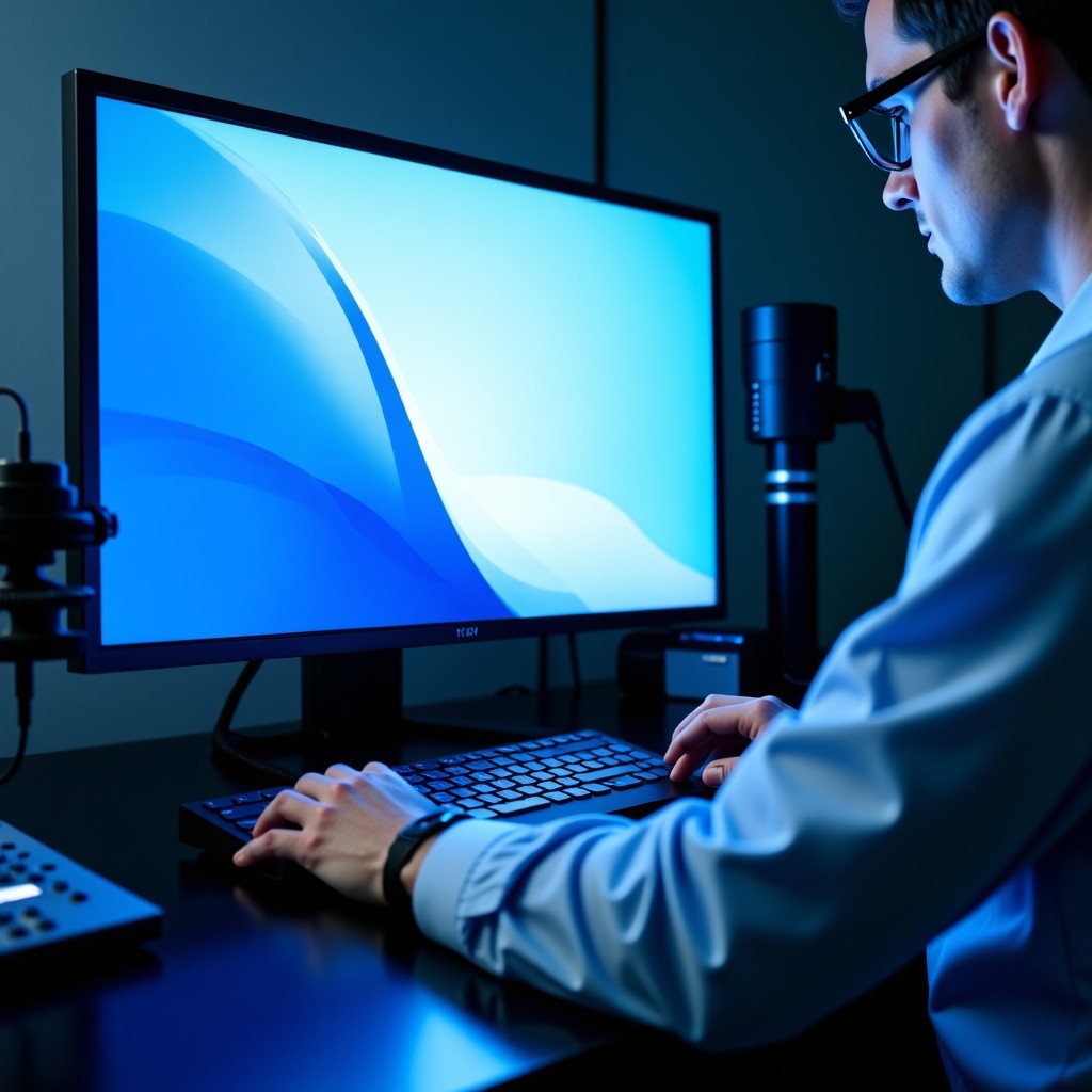 Professional laboratory setup for measuring color accuracy of a screen, precision instruments, soft professional lighting, 16:9 aspect ratio