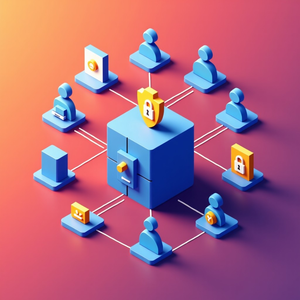 Minimalist illustration of digital identity nodes connecting to a secure vault, various encrypted icons, vibrant gradient background, clean composition, 4:3 aspect ratio.