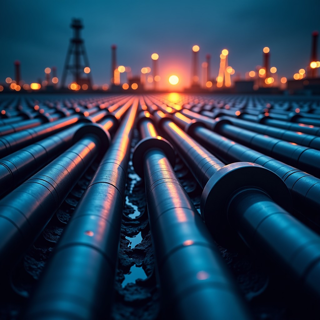 A stylized conceptual art showing oil pipelines and electrical circuits interwoven, symbolizing the connection between energy and digital infrastructure, dramatic lighting, 16:9 aspect ratio.