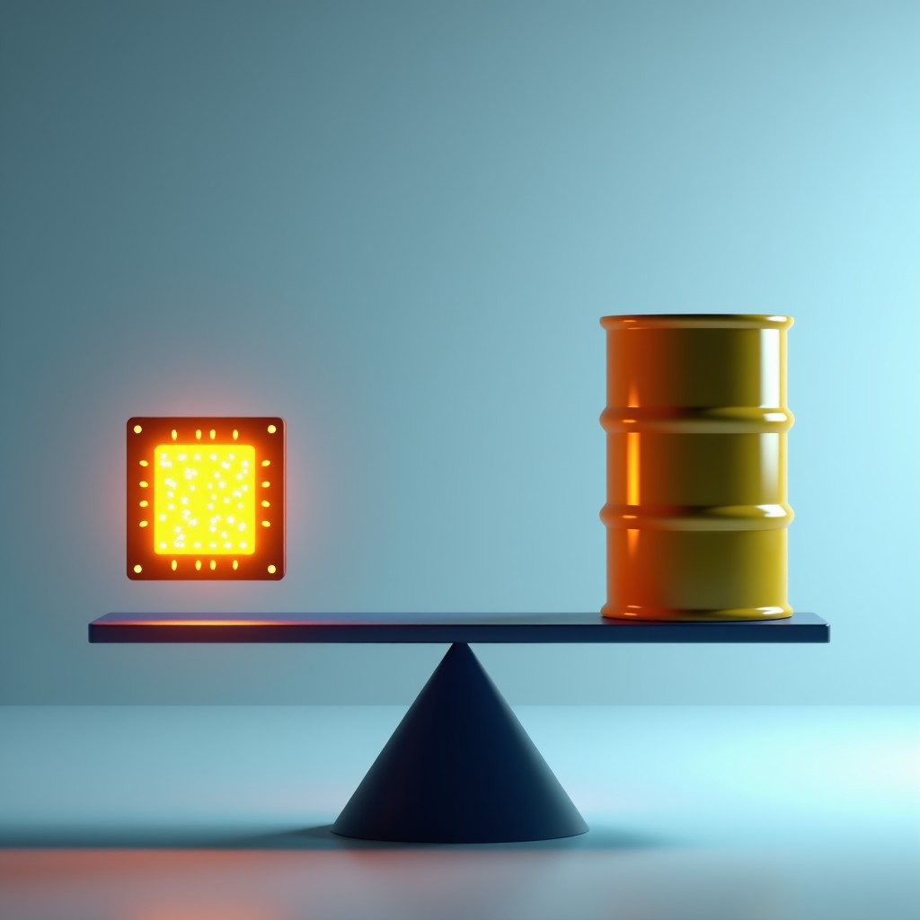 A conceptual image of a futuristic balance scale, on one side a glowing AI chip, on the other side a barrel of oil, balanced in a modern, professional, and clean environment, 16:9 aspect ratio.