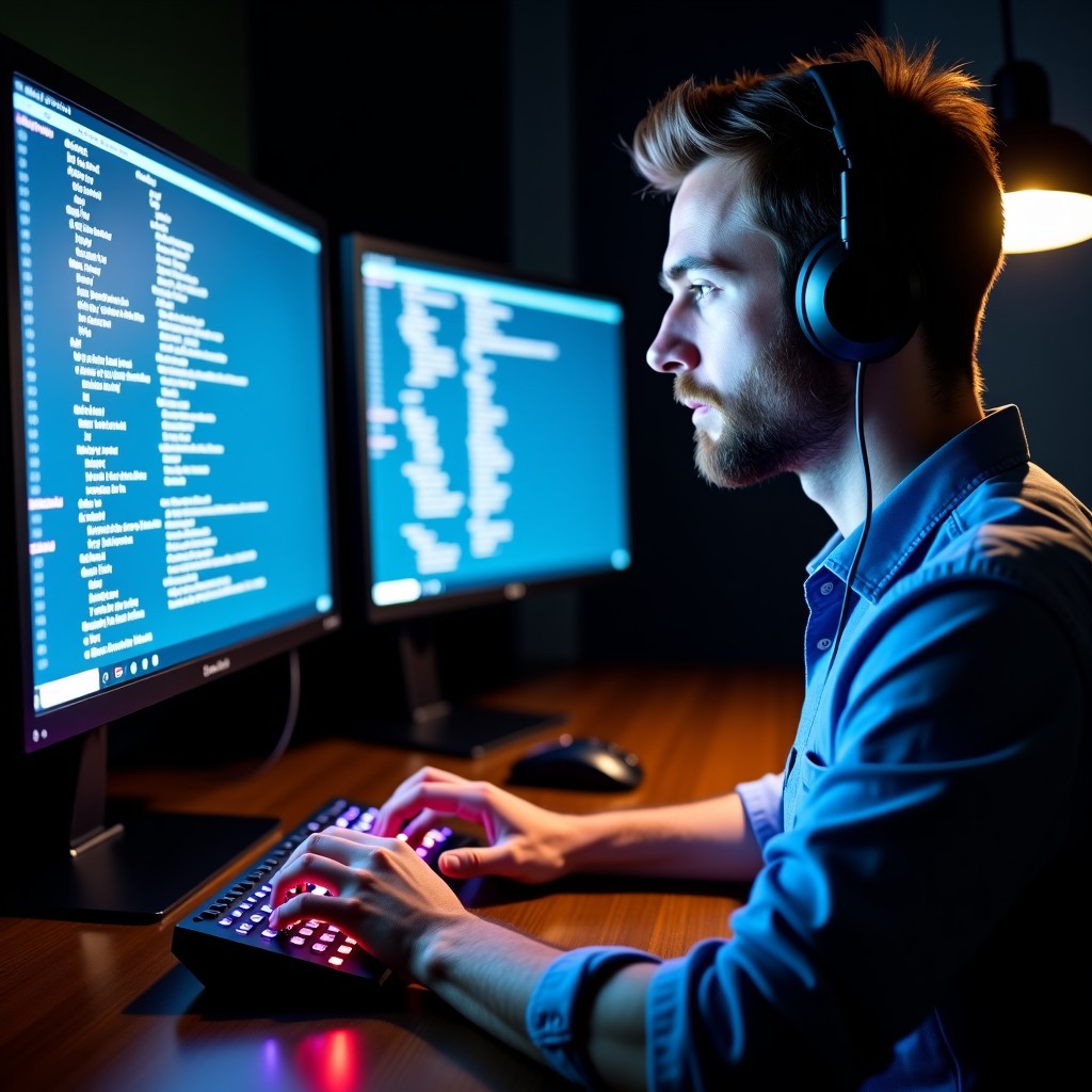 A professional software engineer typing on a mechanical keyboard with a glowing screen, realistic photography, professional studio lighting, 16:9 aspect ratio.