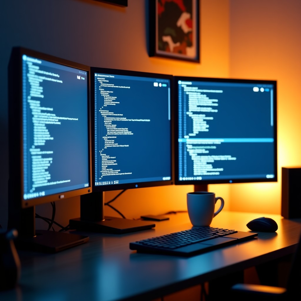 A desk setup showing multiple monitors with code, graphs, and a cup of coffee, clean minimalist desk, high end technology gear, warm lighting, 16:9 aspect ratio.