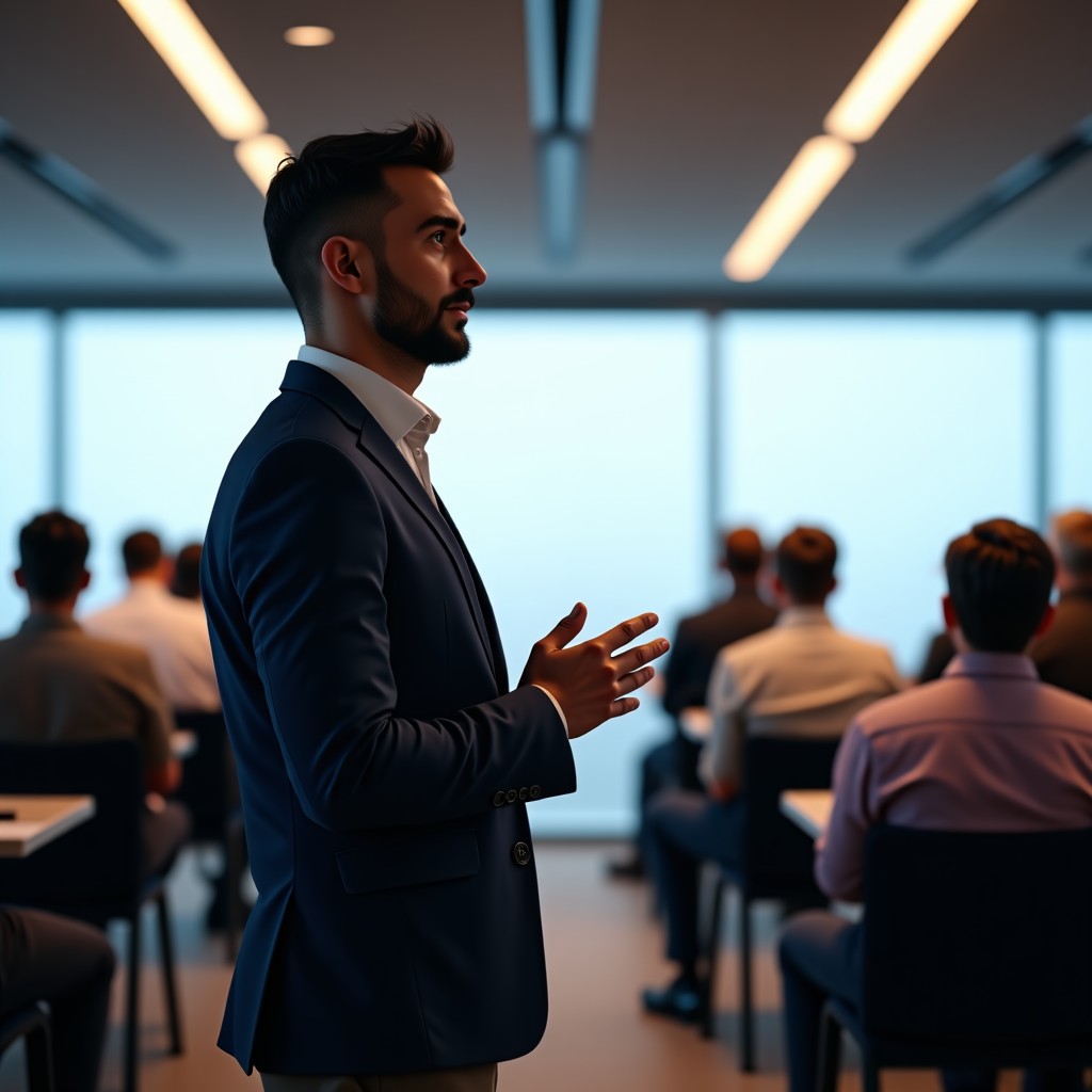 Modern startup conference hall background, focused and confident entrepreneur preparing for a presentation, bright and professional, 4:3 ratio.