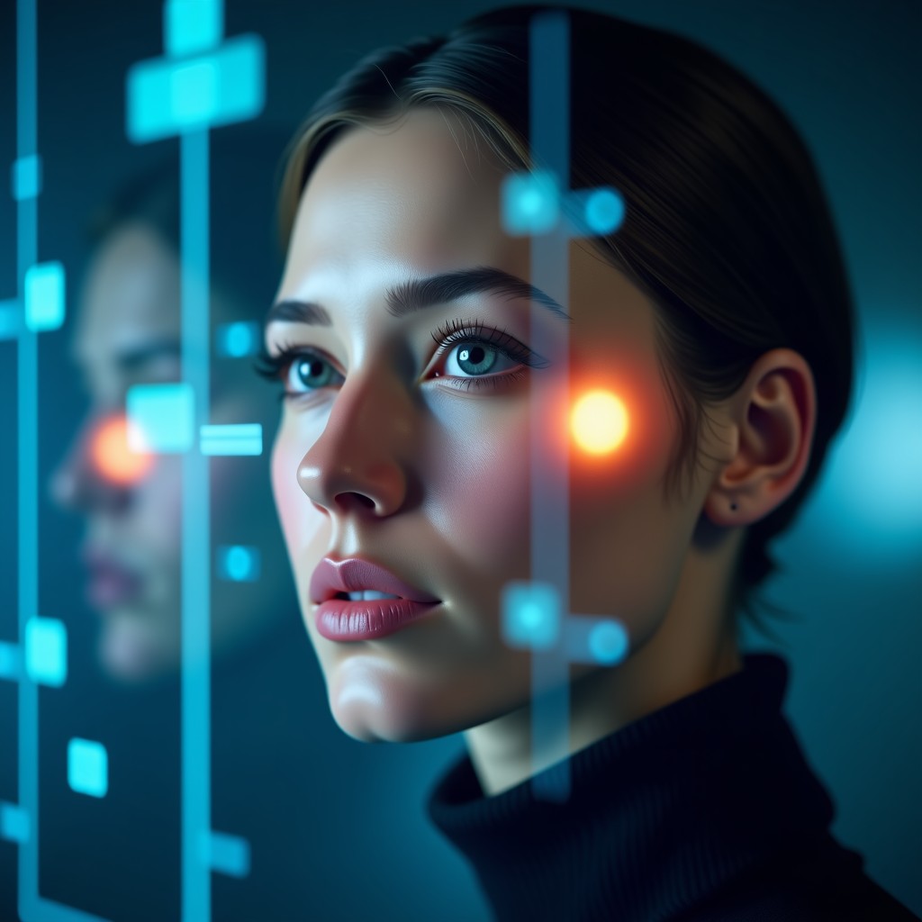 A conceptual representation of AI facial recognition technology on a digital interface with a glowing focus on human faces but blurred lines, cinematic lighting, 4:3