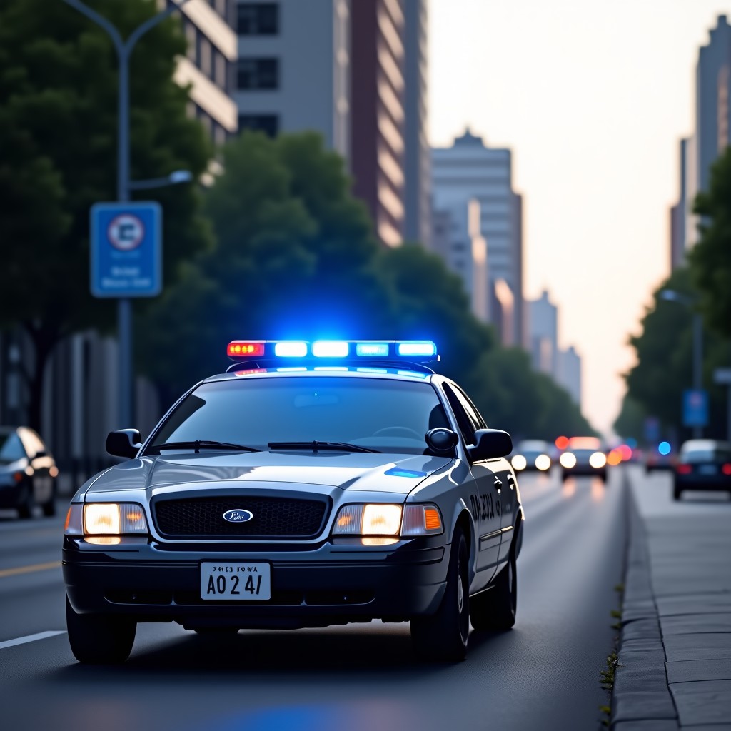 A police vehicle equipped with modern surveillance cameras parked on a city street, professional photography, soft lighting, 4:3