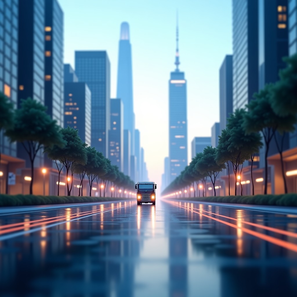 A futuristic cityscape blending digital technology and human delivery work, clean composition, soft ambient lighting, 16:9 aspect ratio