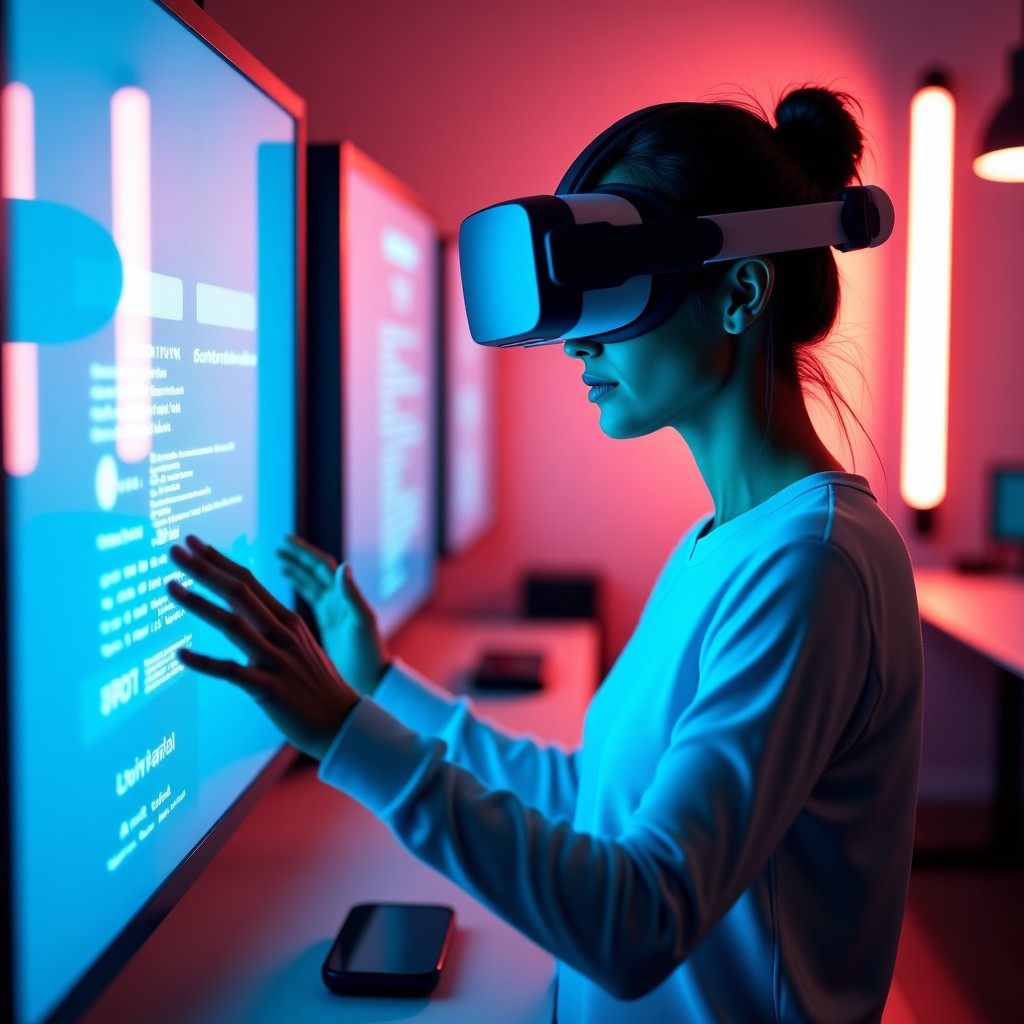 A person wearing a sleek virtual reality headset interacting with a glowing digital interface, vibrant colors, futuristic workspace, realistic style, 4:3