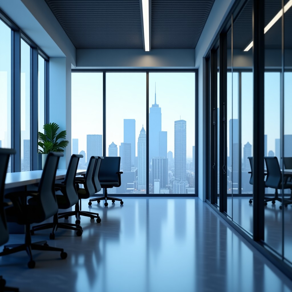 A modern office space with digital analytics floating, professional and serious atmosphere, high resolution, soft cool tones, 4:3