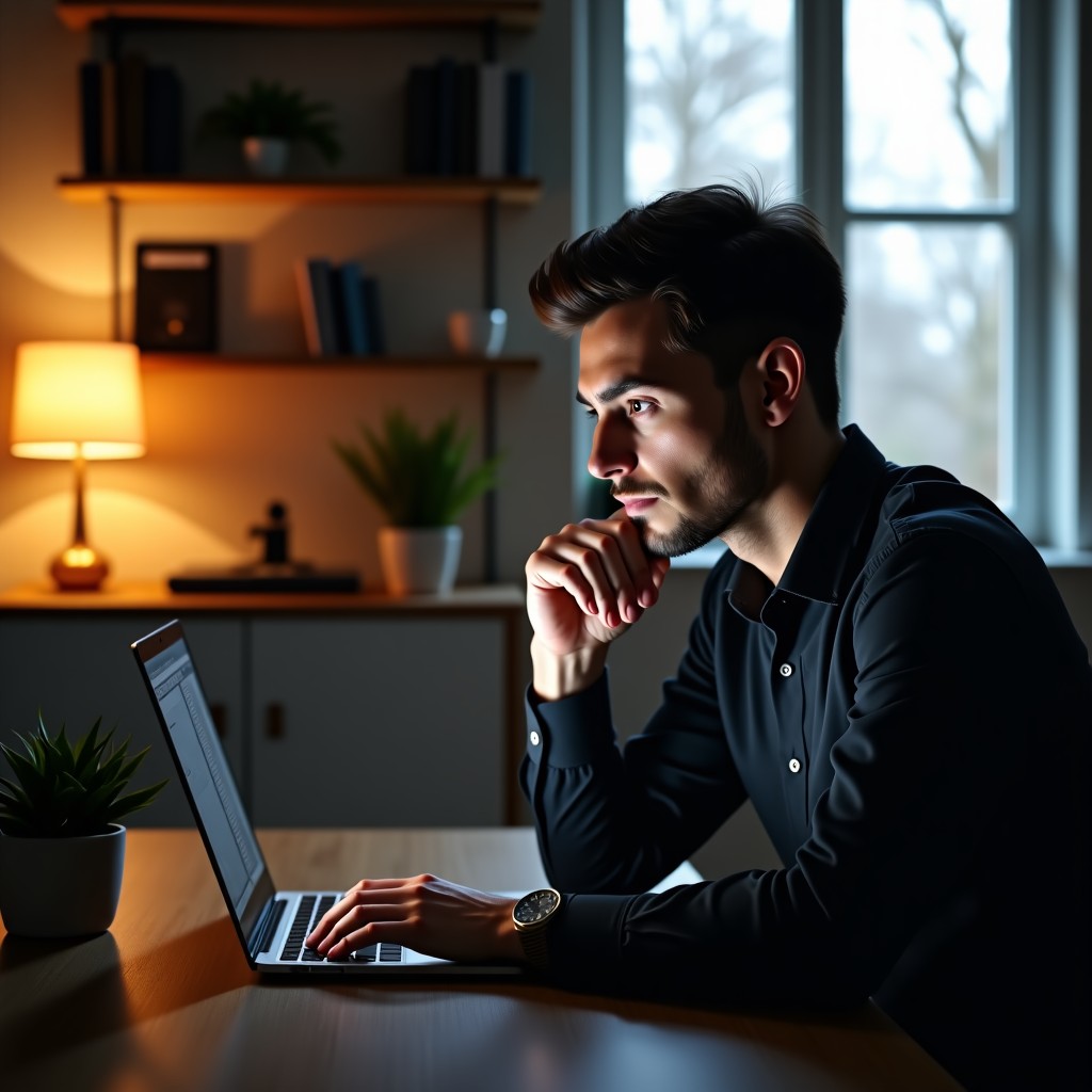 A person looking thoughtfully at a laptop screen in a modern home office with warm interior lighting, cinematic composition, realistic style, 4:3