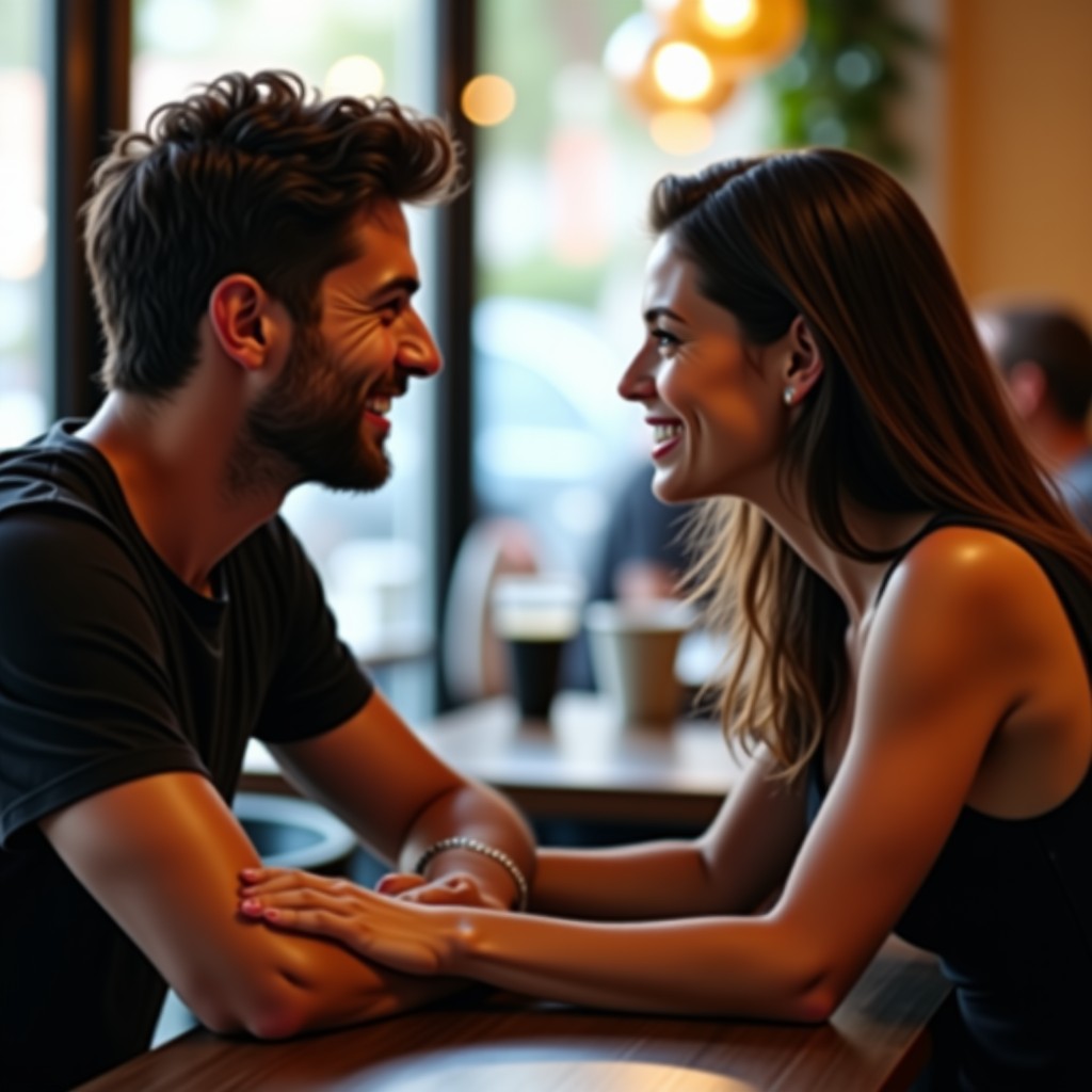 Close-up shot of two people engaged in a sincere conversation in a cafe, natural expression, soft focus, high quality photography, 4:3
