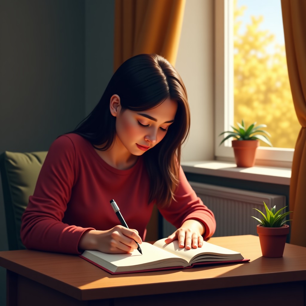 A person writing in a journal in a quiet and comfortable setting, cozy atmosphere, focus on hand and paper, realistic, 4:3