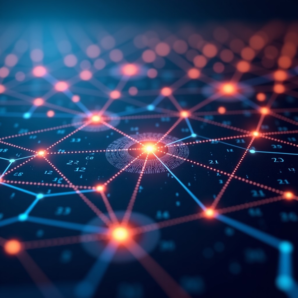 Abstract visualization of cyber security monitoring, glowing lines connecting data clusters, professional aesthetic, detailed composition, 4:3.