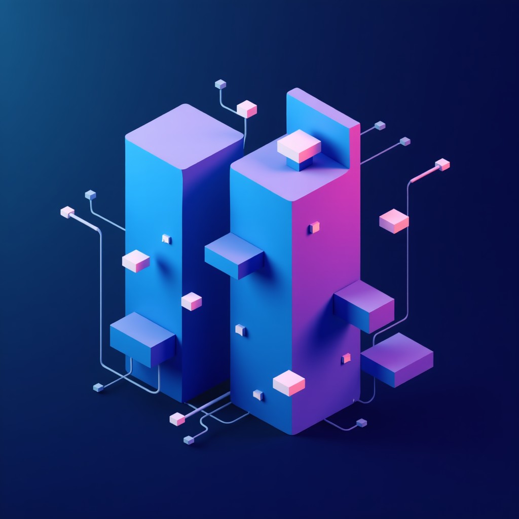 Modern aesthetic of network security and data filtering, abstract geometric shapes in vibrant blue and purple tones, minimalist and professional look, 4:3